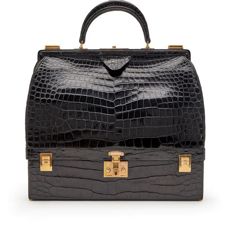 Hermès Vintage Black Shiny Crocodile Sac Mallette Gold 